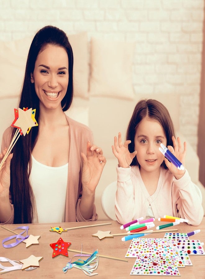 Feradny 72 Pcs Unfinished Star Princess Fairy Wands Kit Make Your Own Princess Wand DIY Art Craft Magical Wand Include 24 Star Wooden Fairy Wands 12 Gem Stickers 24 Ribbons 12 Markers for Kids Party Supplies - Image 3